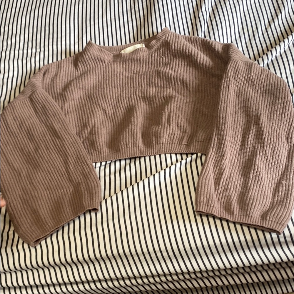 Brown Ribbed Knit Cropped Sweater